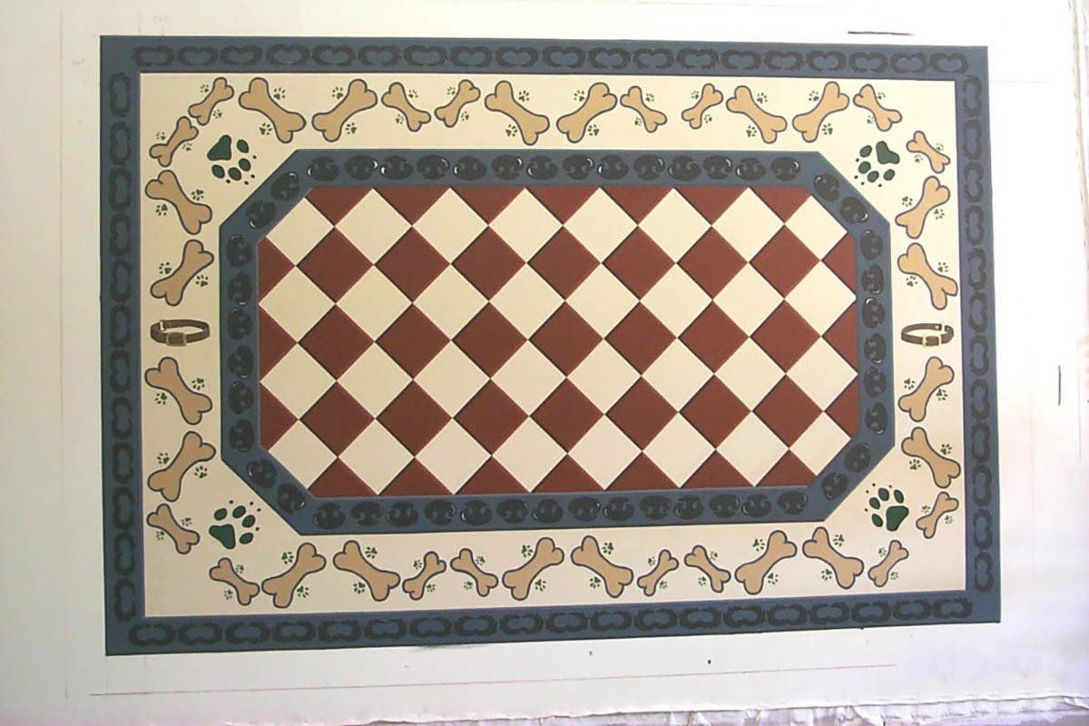 A rug with bones and paw prints on it