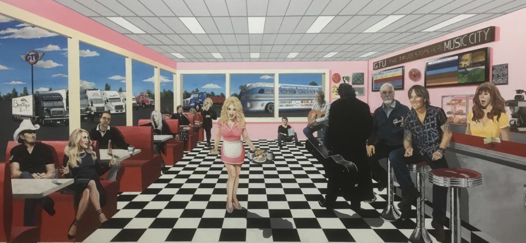 A painting of a diner with a checkered floor