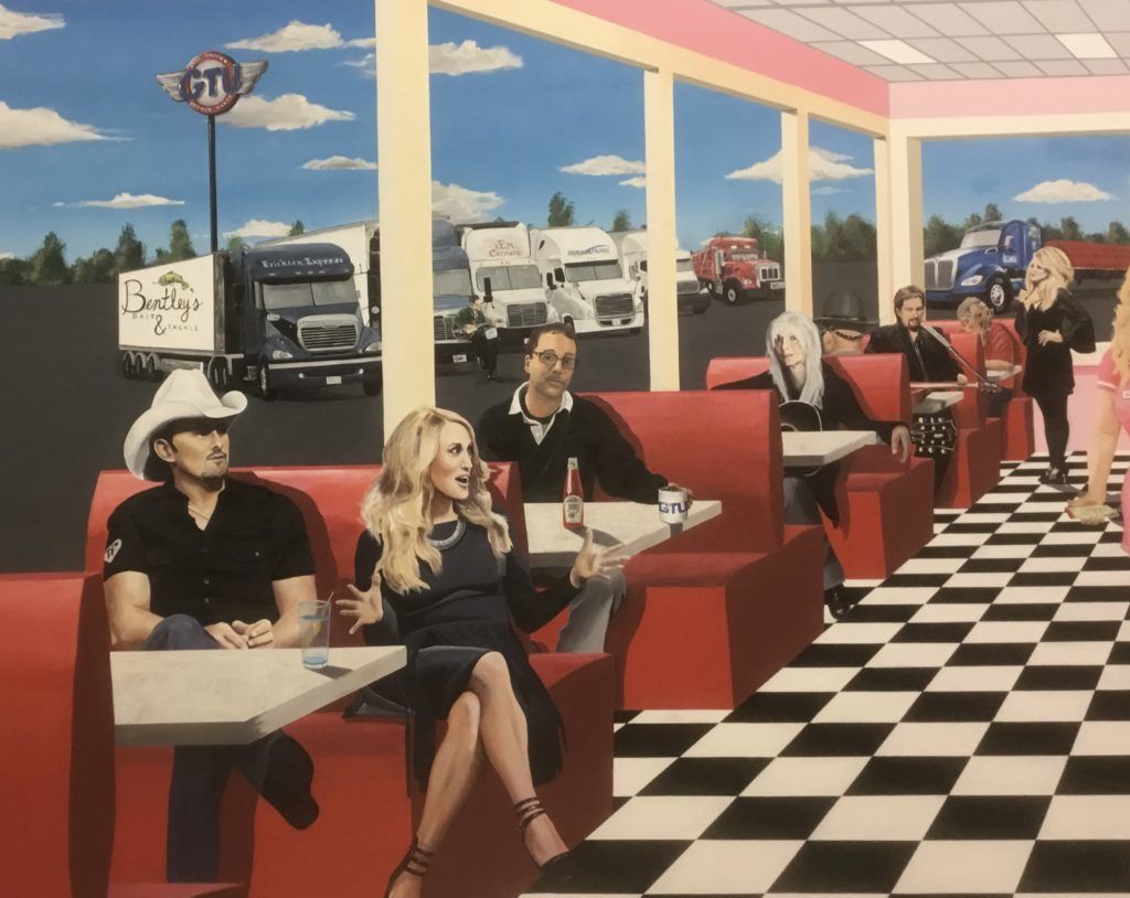 A painting of people sitting at tables in a diner