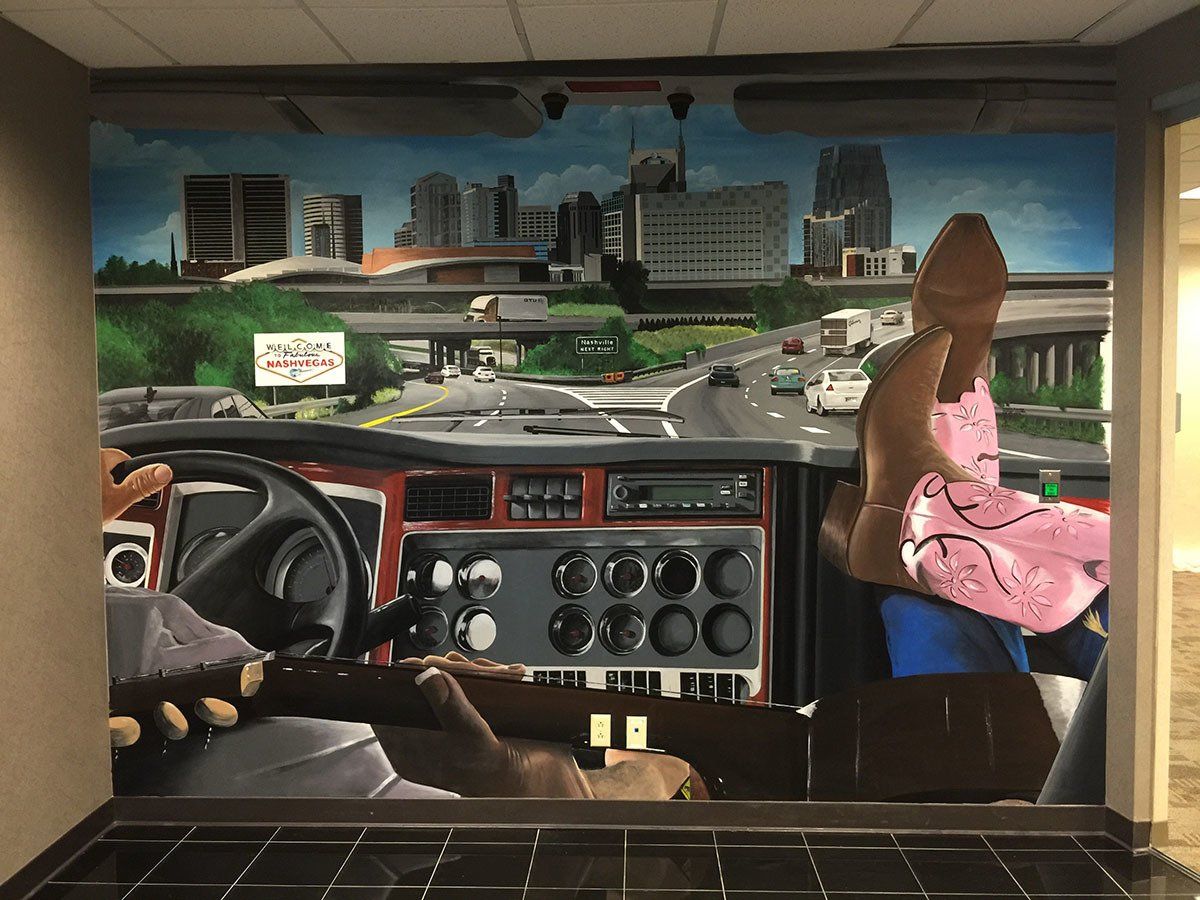 A painting of a woman sitting in the driver 's seat of a truck.