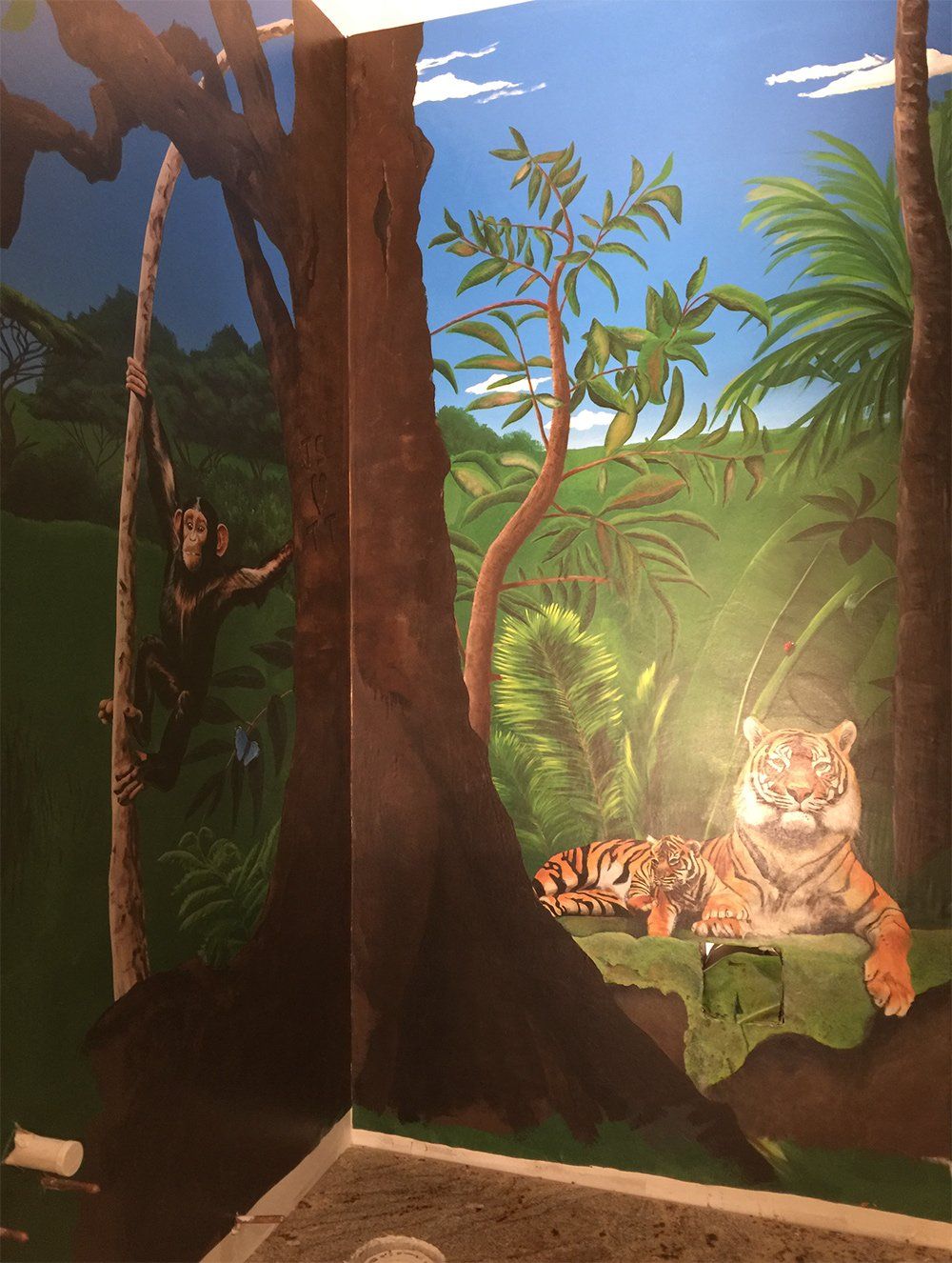 A painting of a tiger laying under a tree in the jungle