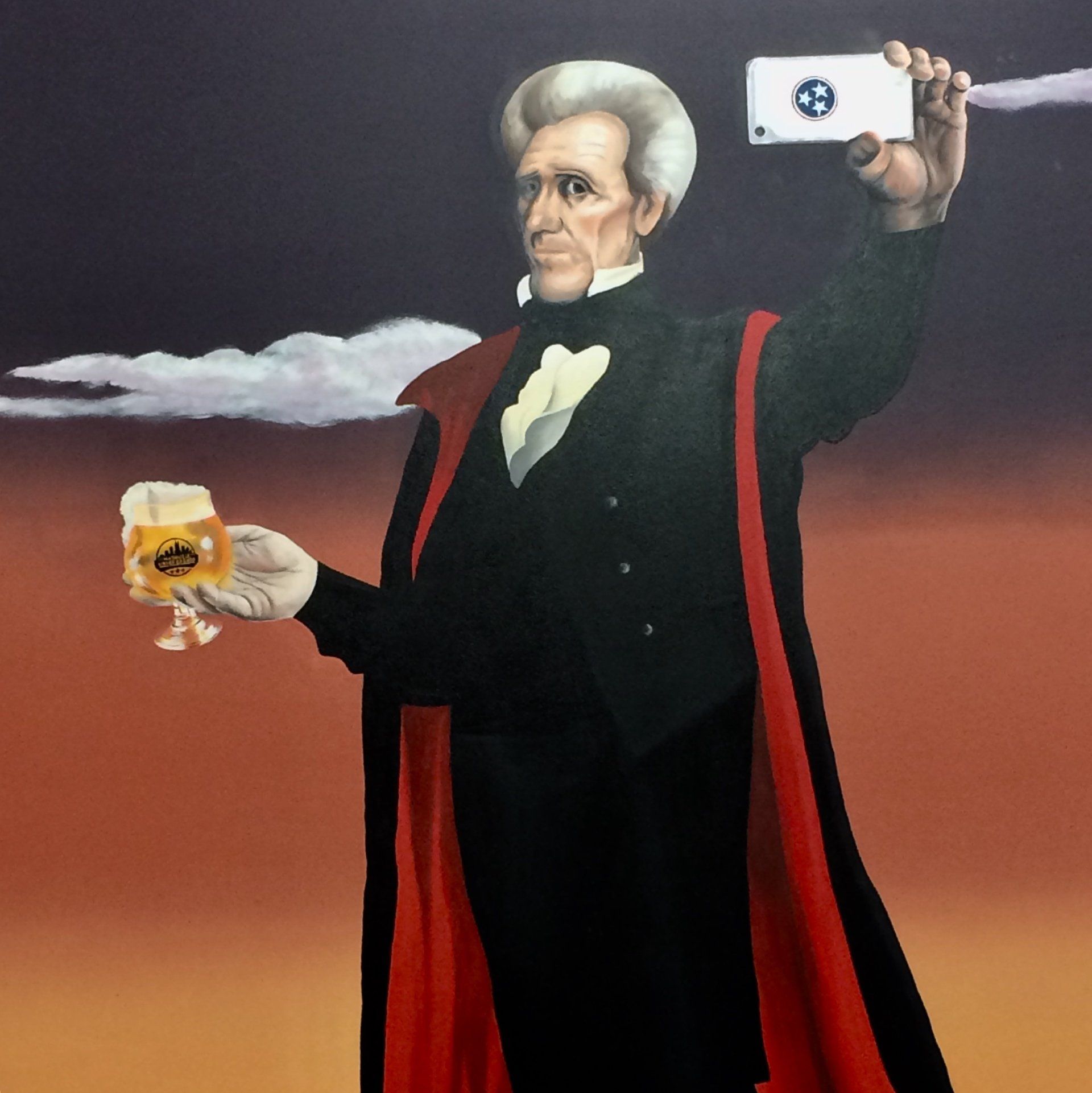 A painting of a man in a tuxedo holding a glass of beer
