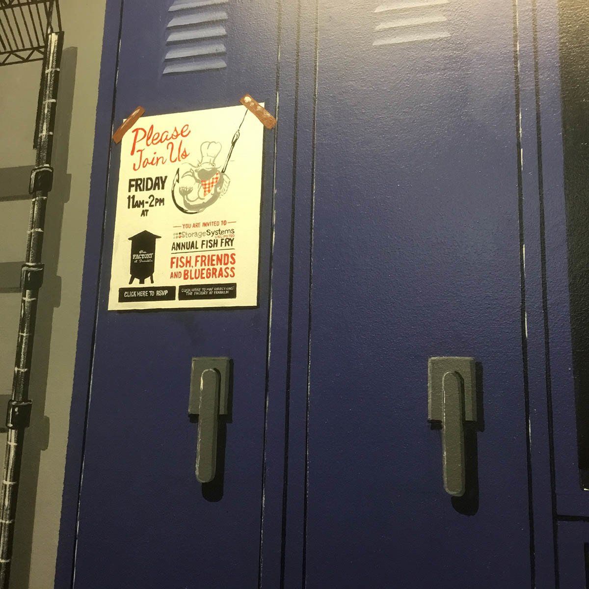 A blue locker with a poster on it that says please join us friday