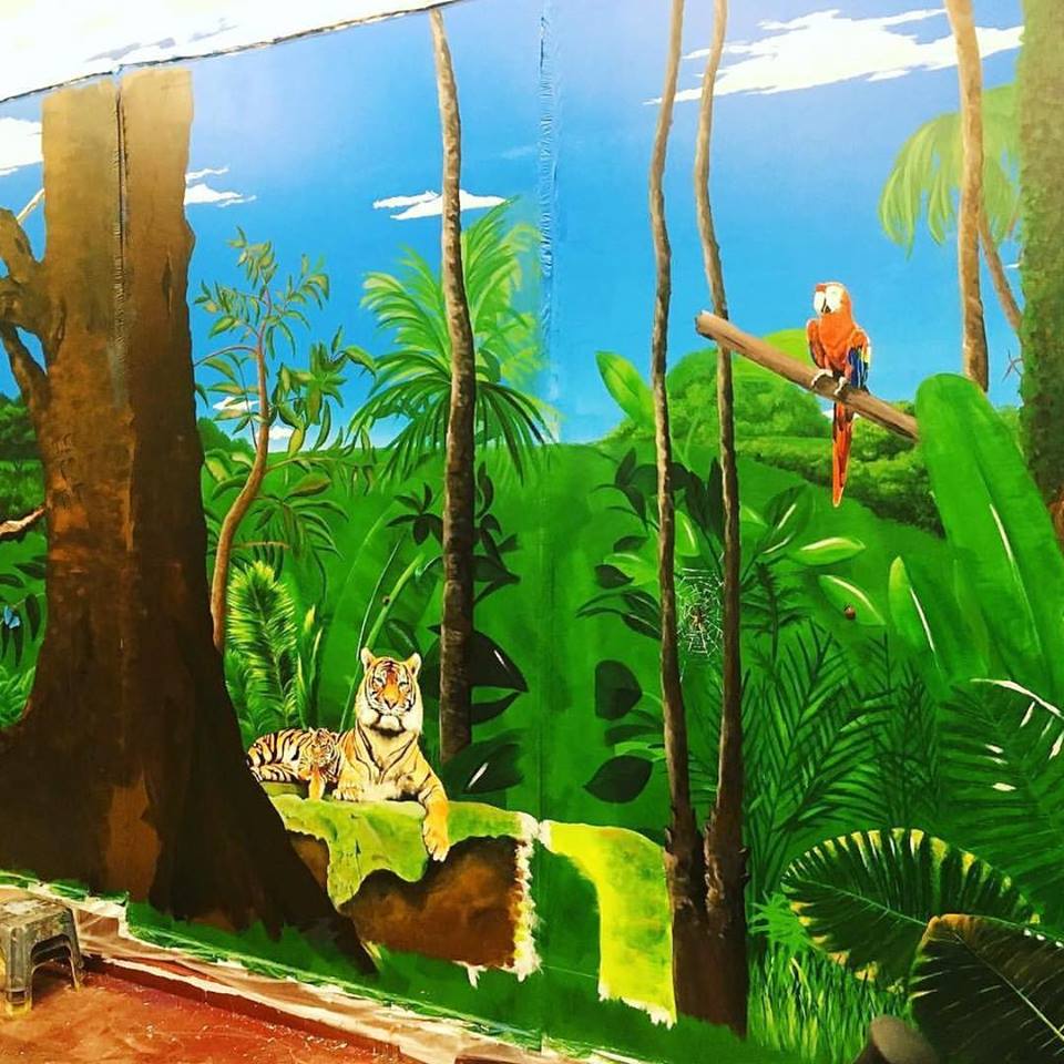 A painting of a tiger and a parrot in the jungle