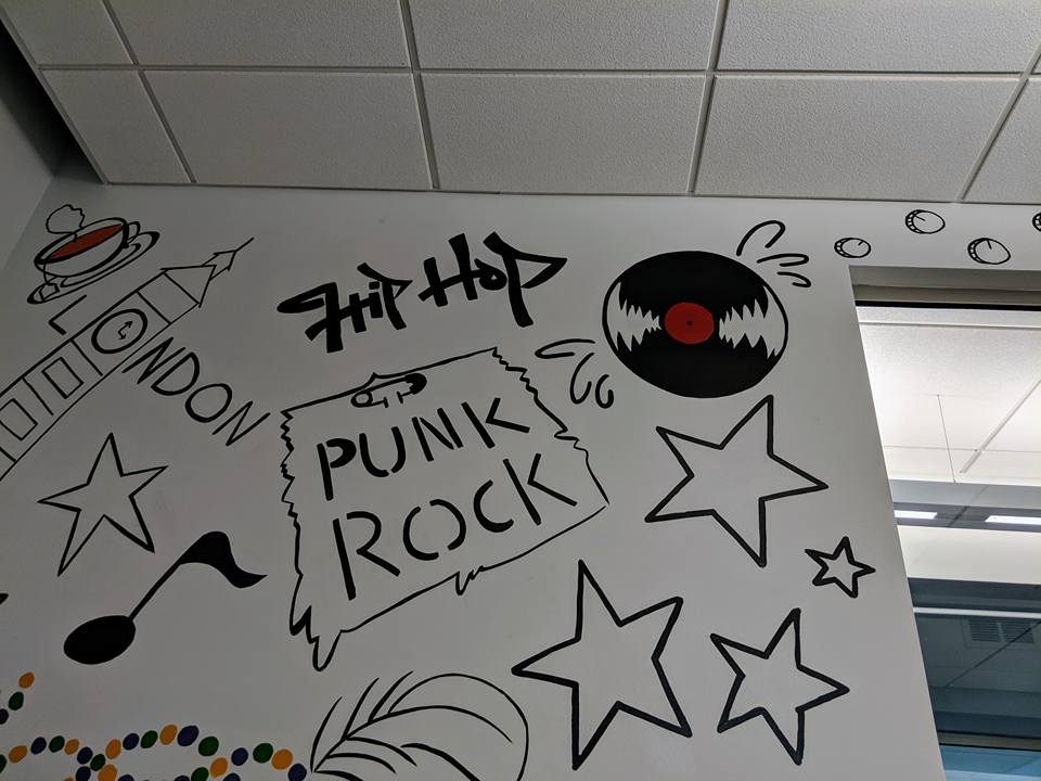 A white wall with drawings on it including one that says punk rock