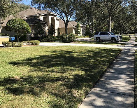 A suburban house with a white SUV parked in the driveway. Green lawn, sidewalk, and trees.