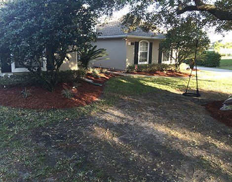 House with tan walls and black shutters. Red mulch borders the landscaping. Sunlight on lawn.
