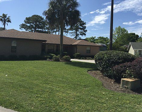 A single-story brown house with green lawn, shrubs, and trees under a blue sky.