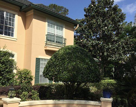 Beige stucco house with green shutters and manicured landscaping.