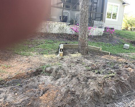 A backyard with a tree and a retaining wall. The ground is dirt and grass, house in the background.