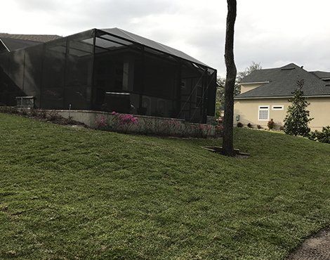 Lawn sloping upwards towards a house with a screened-in patio, another house visible in the background. Overcast sky.