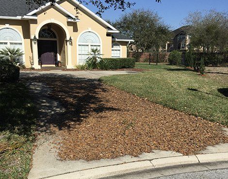 A house with beige exterior, driveway, and mulch-covered landscaping next to a green lawn.