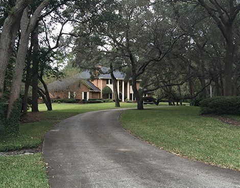 Long driveway leads to a brick house with white columns, under leafy trees.