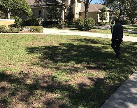 Person raking a lawn in front of houses on a sunny day.
