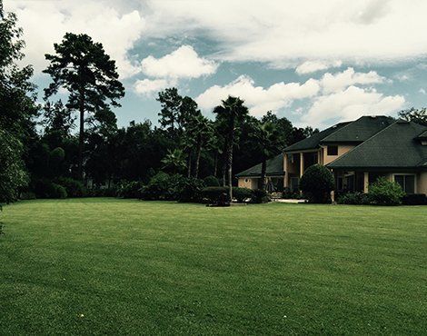 Large grassy lawn in front of a tan two-story house with a dark green roof, under a cloudy blue sky.