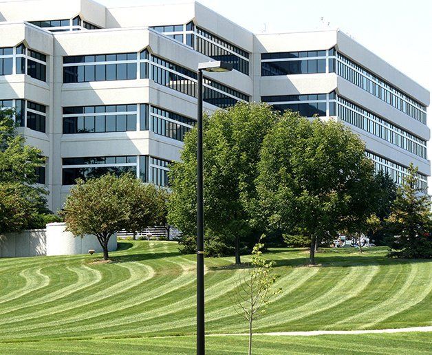 Modern office building with manicured lawn featuring curved mowing patterns.