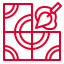 A red line icon of a leaf in a square on a white background.