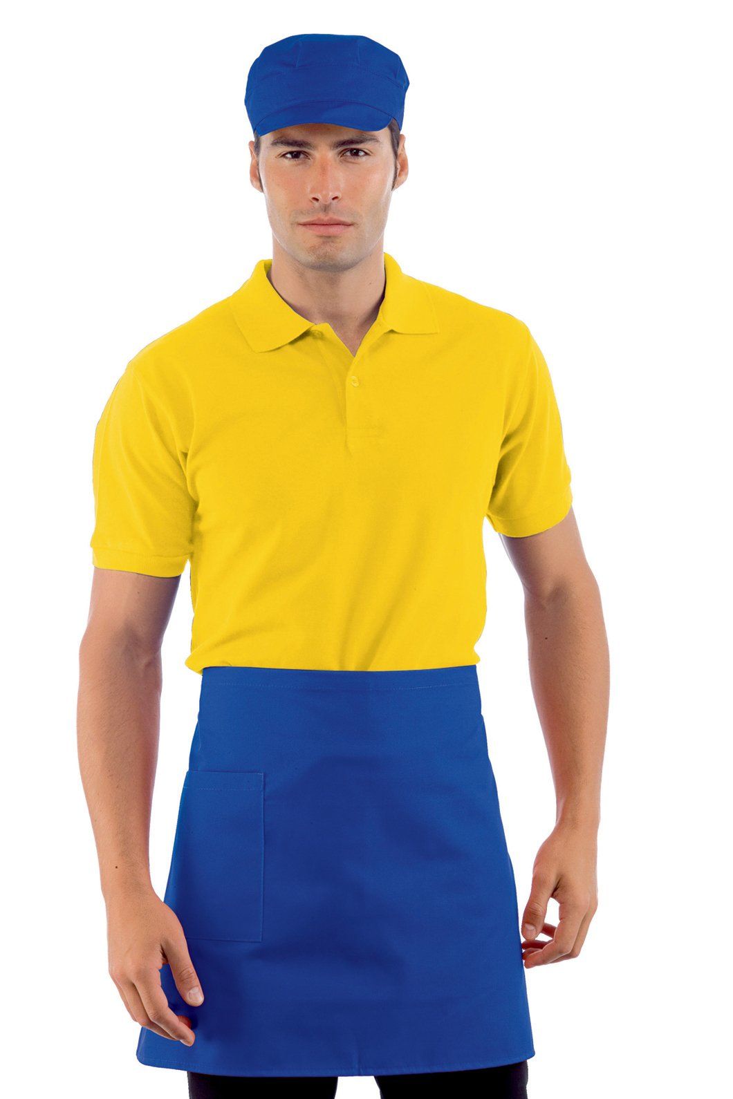 divisa da cucina blu e gialla