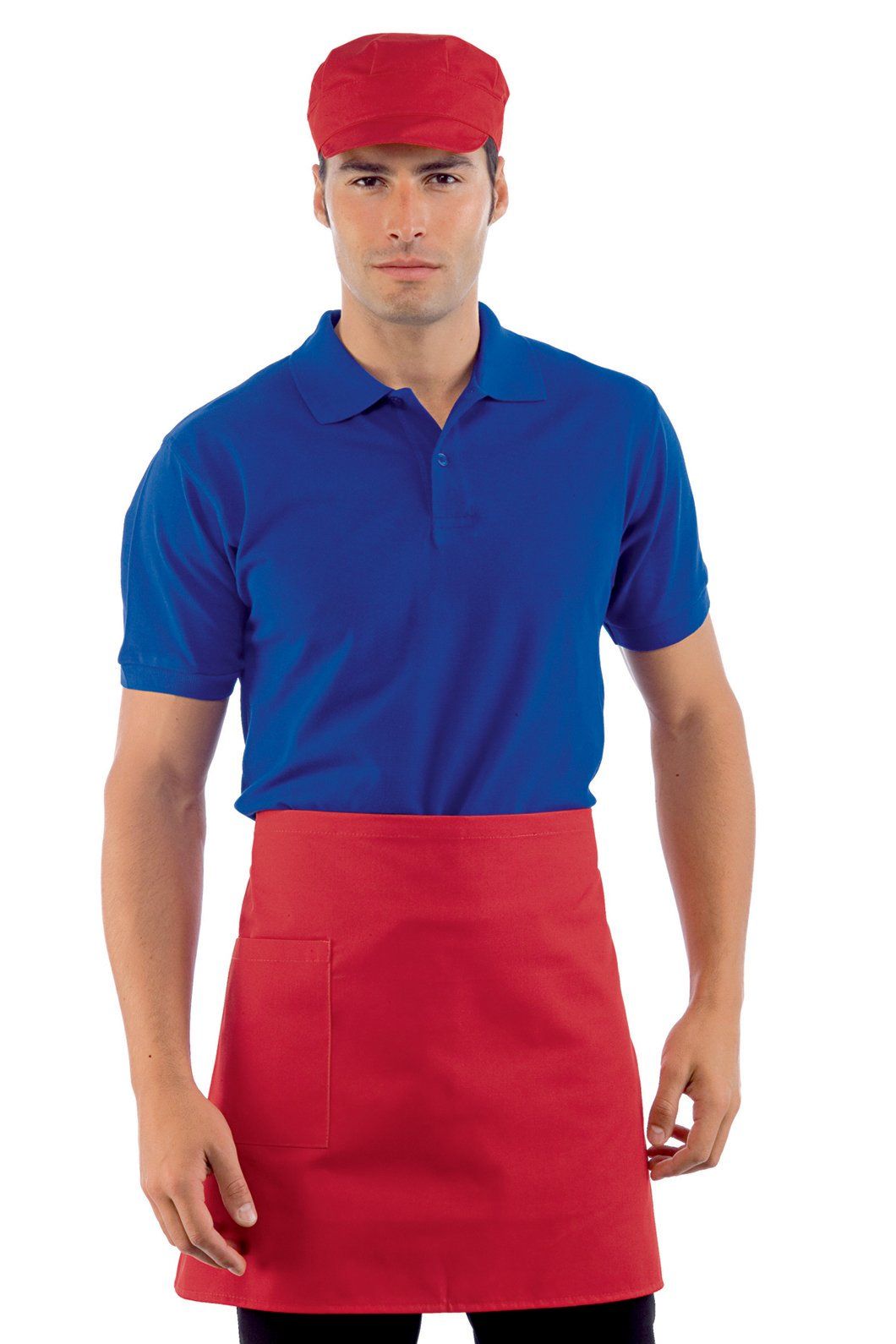 divisa da cucina blu e rossa