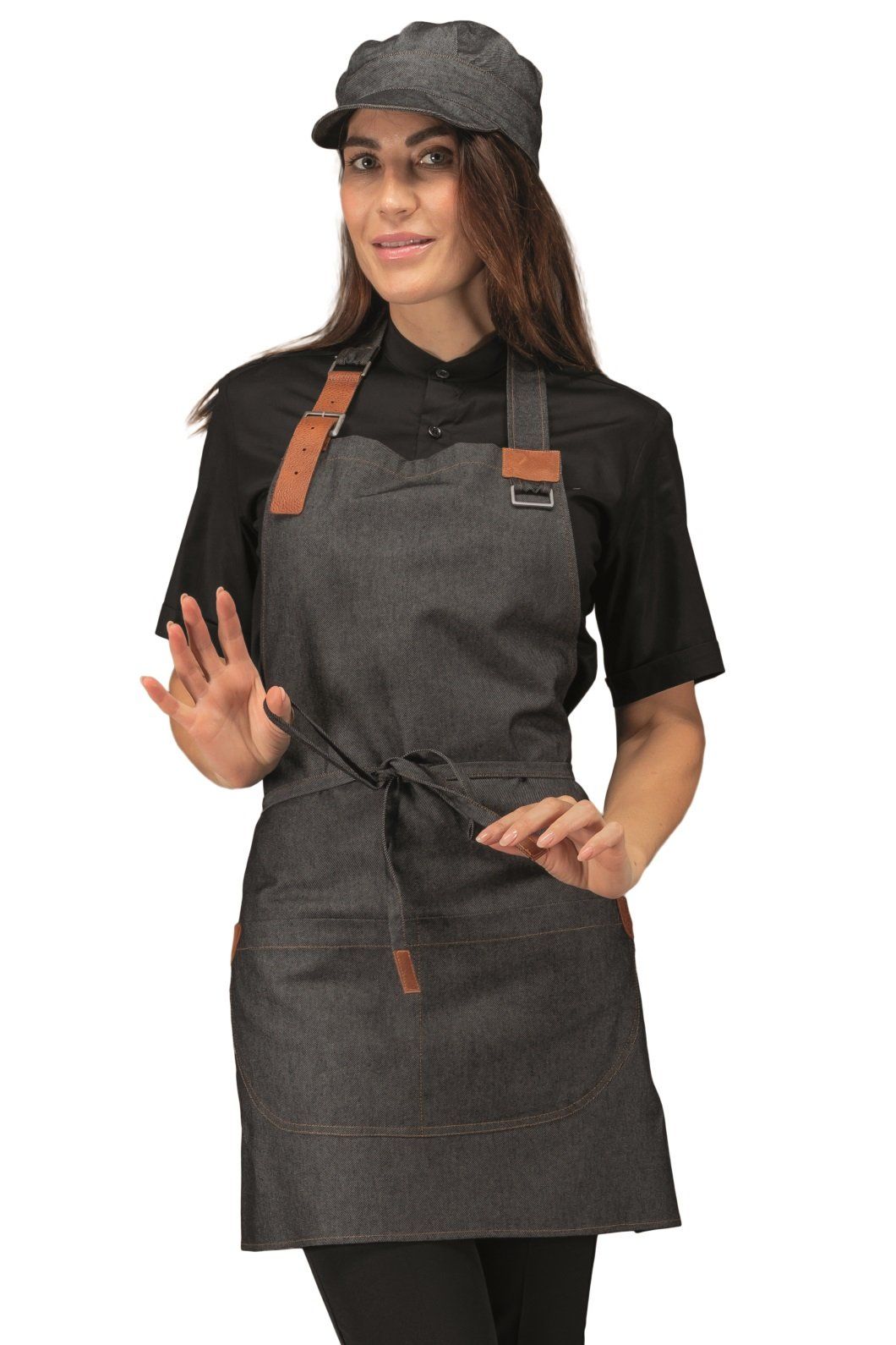 cameriera ristorante con grembiule e cappello grigio