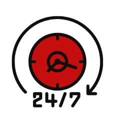 Red clock icon with circular arrows and “24/7” text on a white background