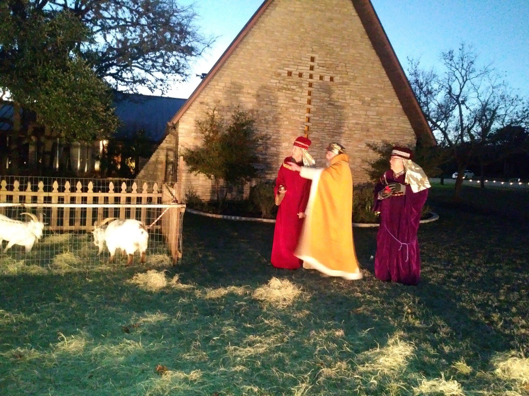 Three robed figures in front of a church, possibly a nativity scene. Goats in a pen nearby.
