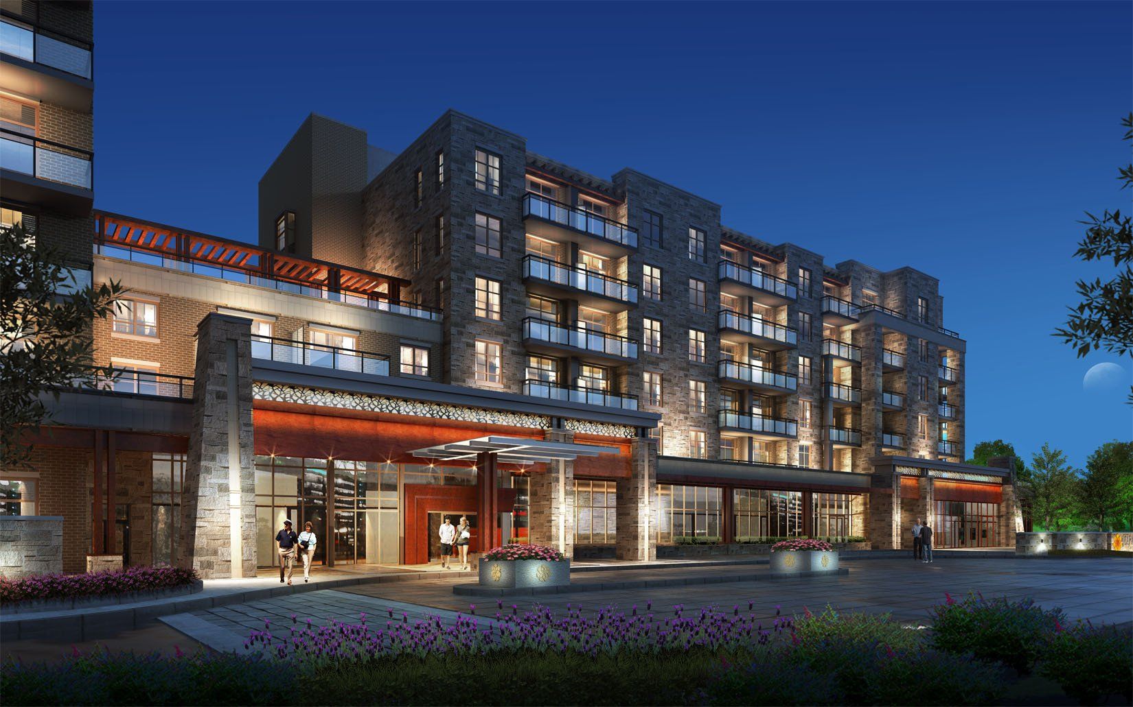 An artist 's impression of a large apartment building at night.