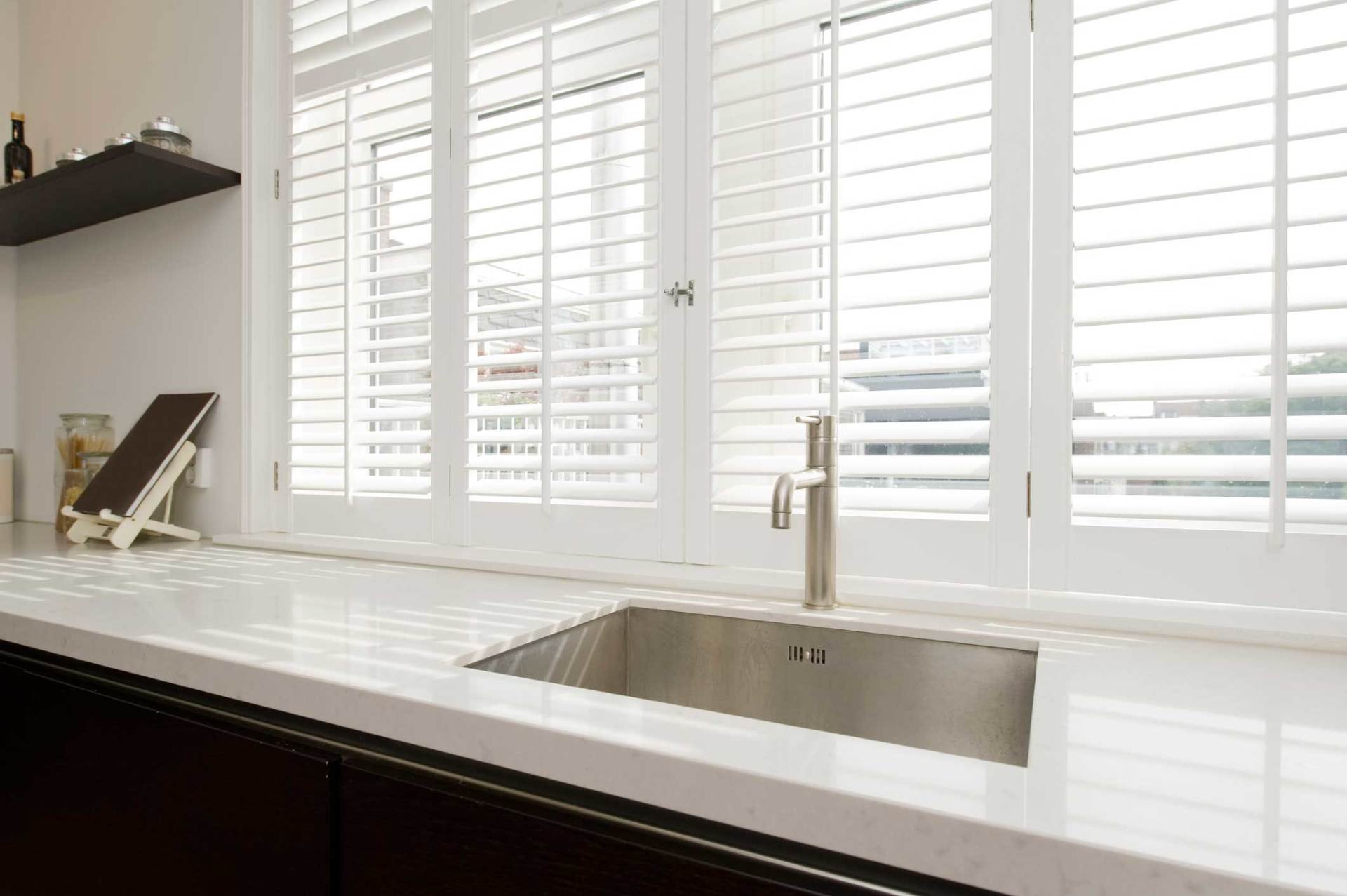 Modern Kitchen With White Wooden Blinds — Belgrade, MT — Blind Guy of Butte