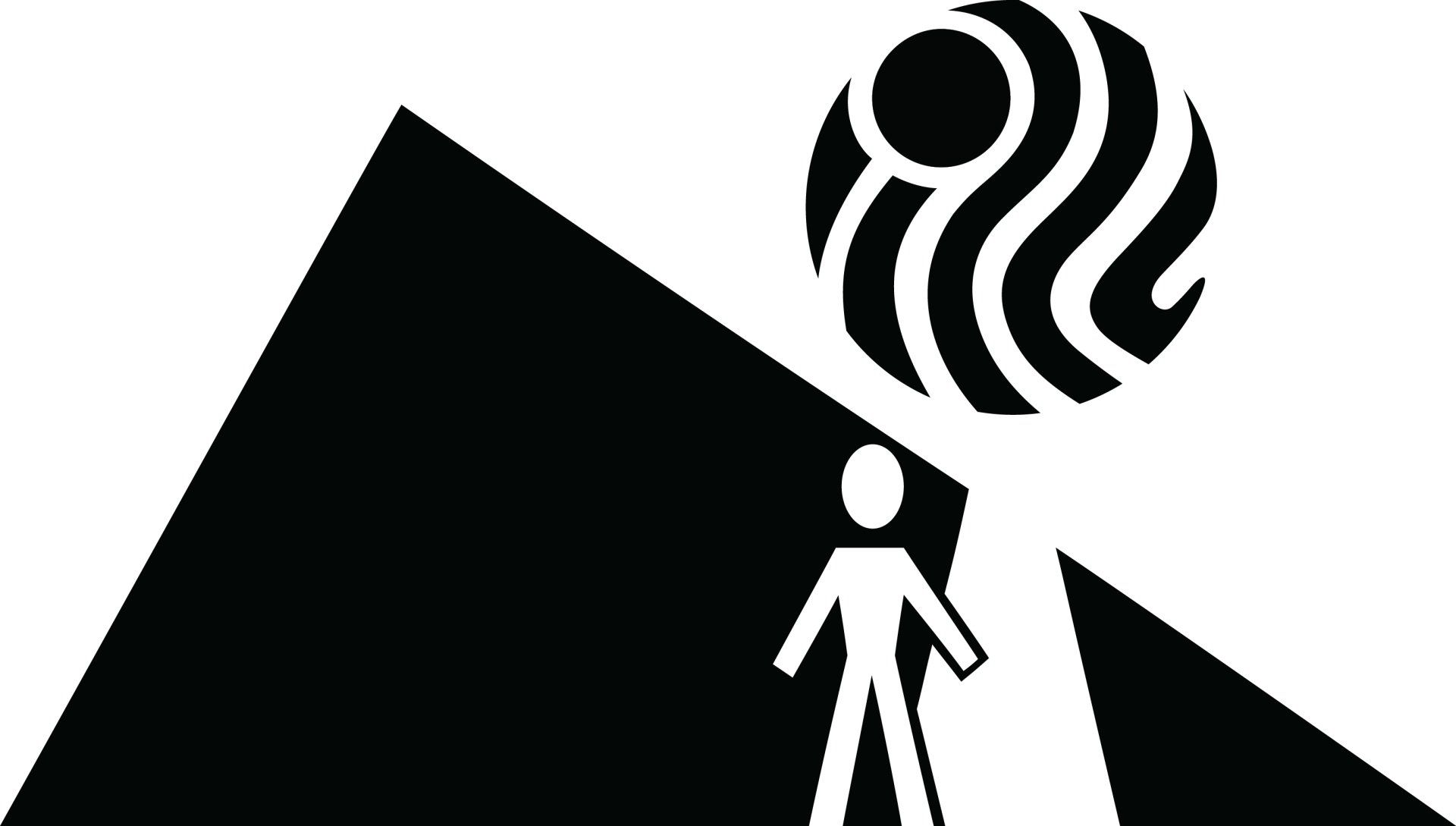 Person standing, looking up at a stylized globe with a sun symbol, near a dark pyramid structure.