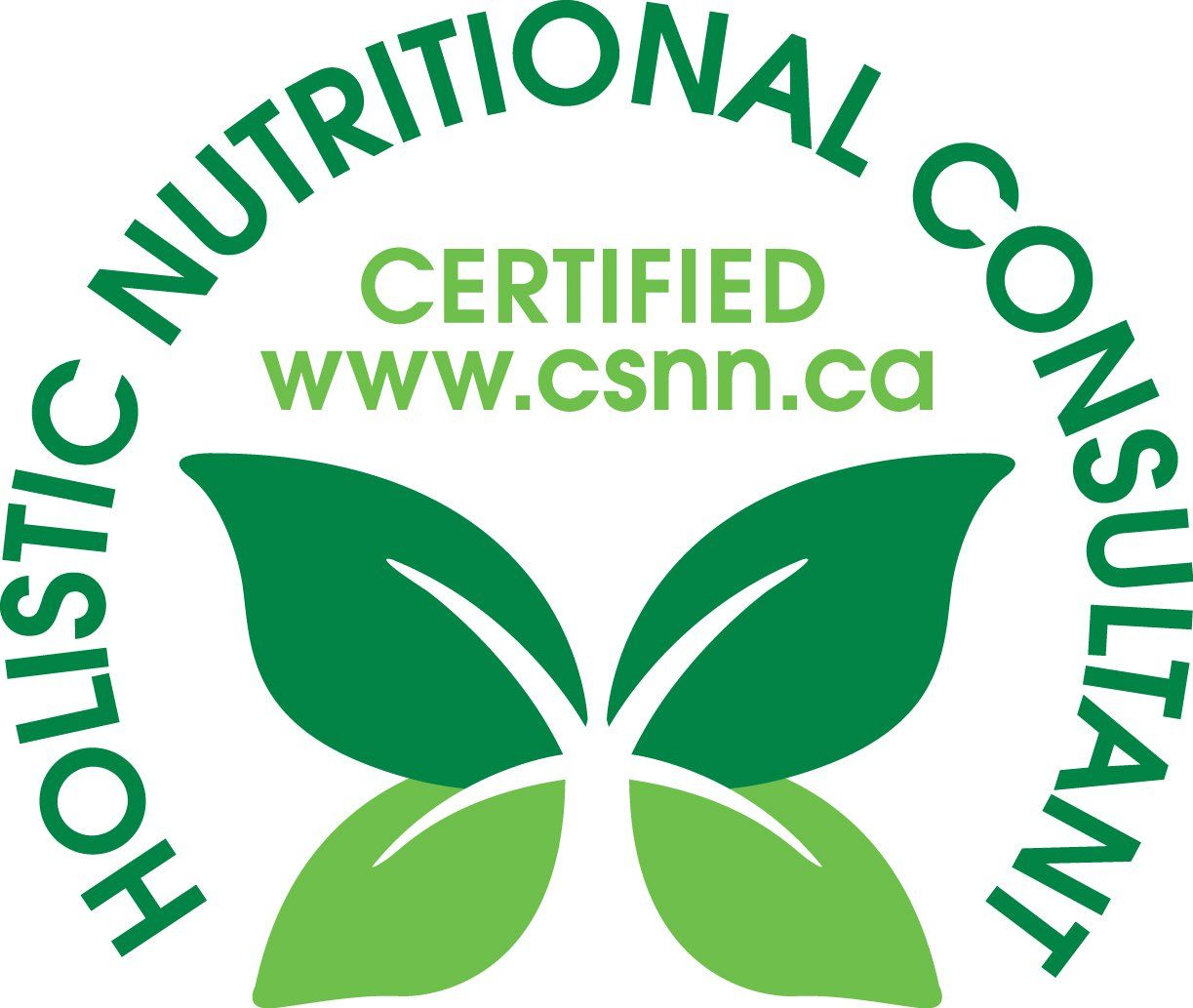 Holistic Nutritional Consultant logo. Green circle with text and leaf design, includes www.csnn.ca website.