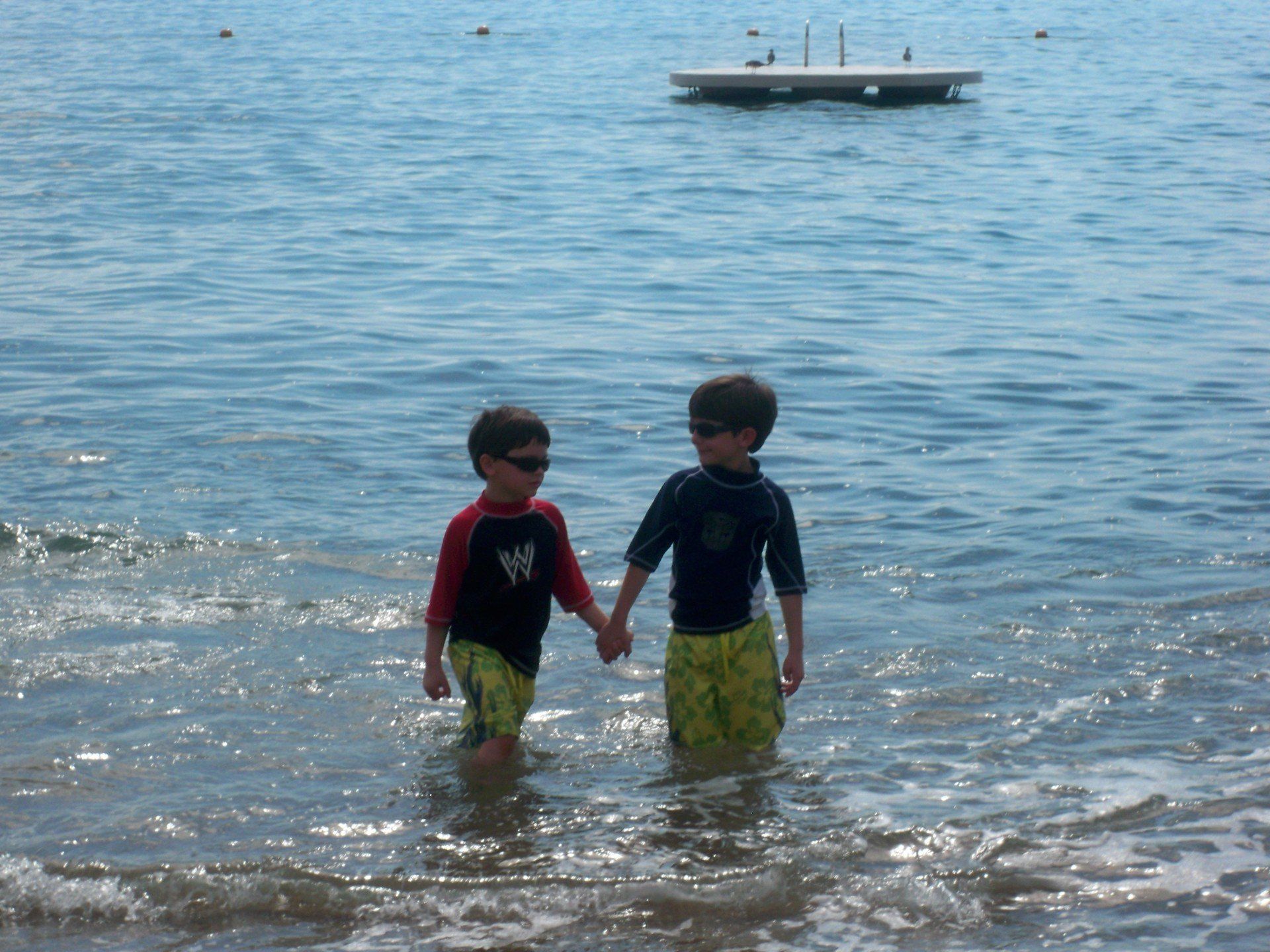 two boys holding hands in the water with a dock in the background