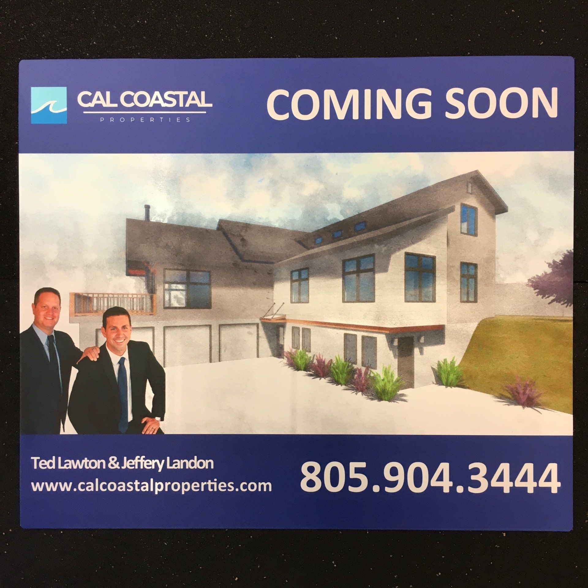 Real estate “Coming Soon” ad with house rendering, agents, and contact info for Cal Coastal Properties