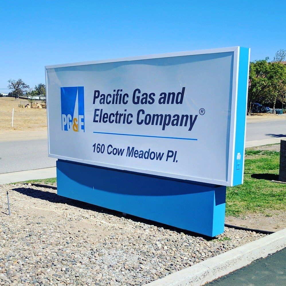 Pacific Gas and Electric Company sign at 160 Cow Meadow Pl. on a roadside