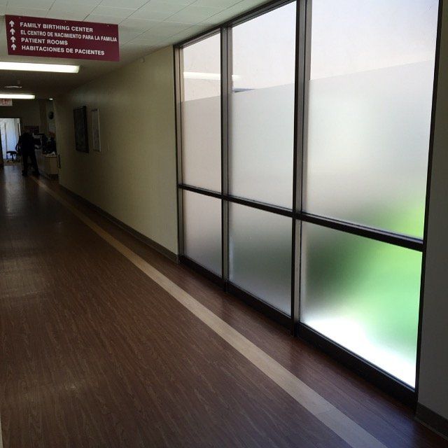 Empty indoor hallway with frosted glass windows and a polished floor, lit by soft daylight.