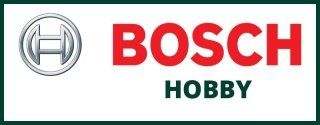Logo BOSCH HOBBY in rosso e verde con un emblema circolare grigio su sfondo bianco.