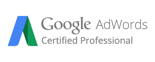 Google AdWords Certified Professional-logo met blauw en groen pictogram en grijze tekst.