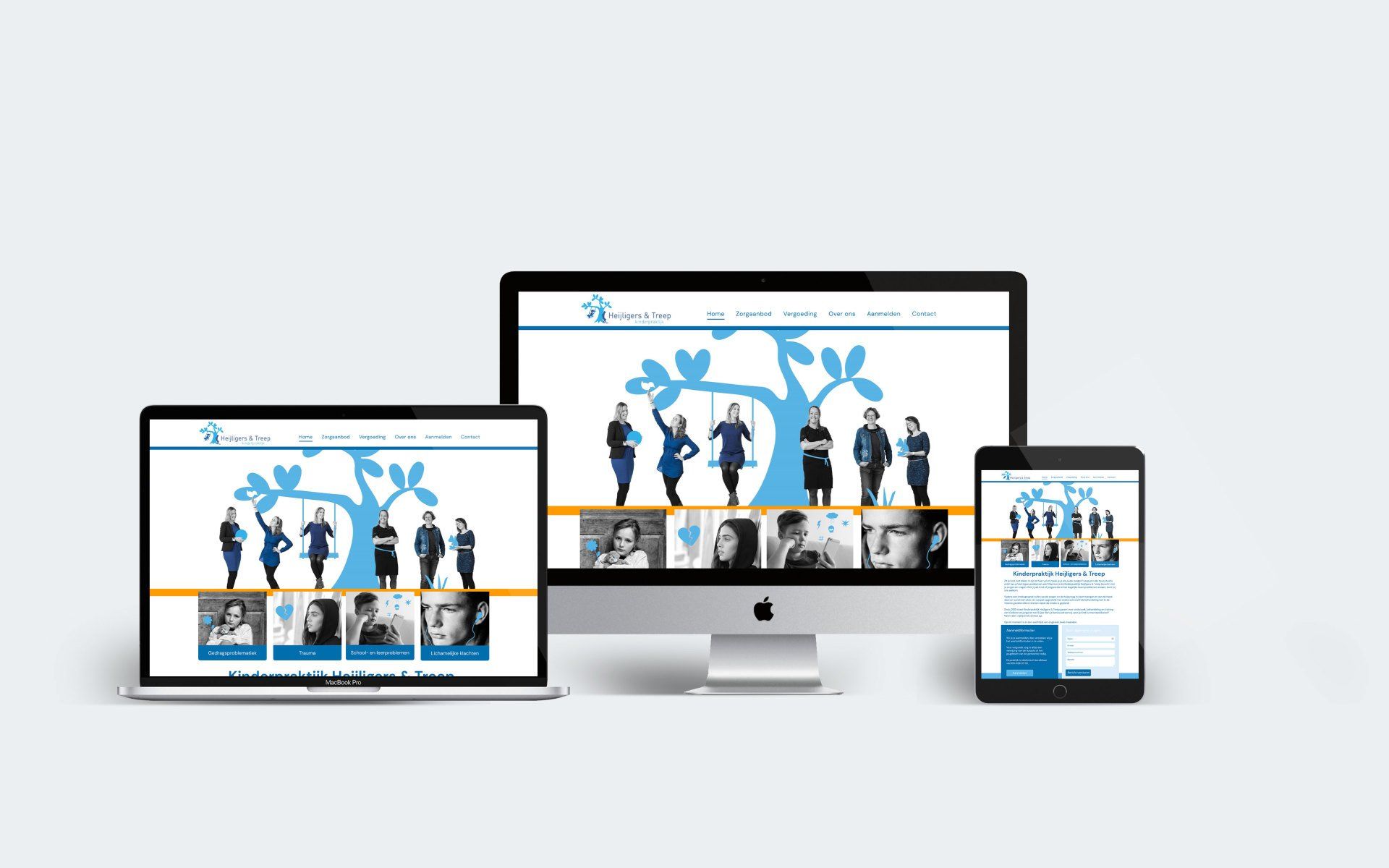 Responsieve website die wordt weergegeven op desktop-, laptop- en telefoonschermen met blauwe silhouetten op een witte achtergrond.