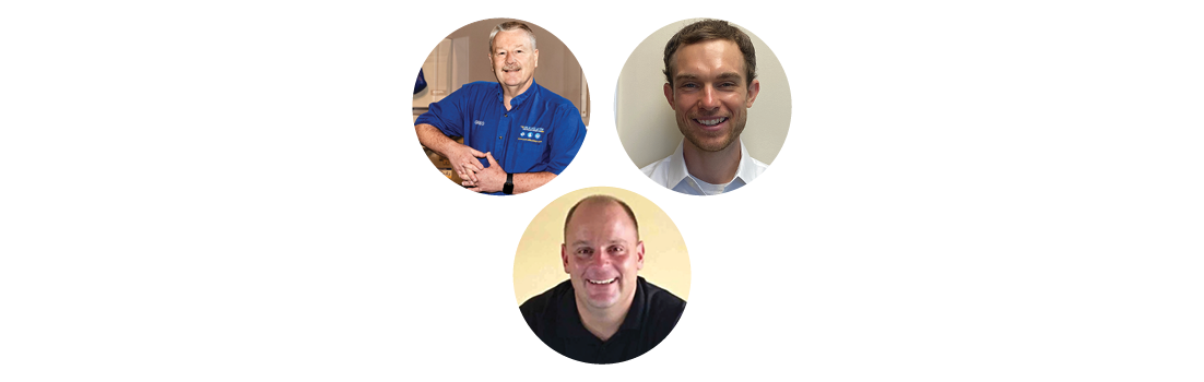 Three men are standing next to each other in circles on a white background.