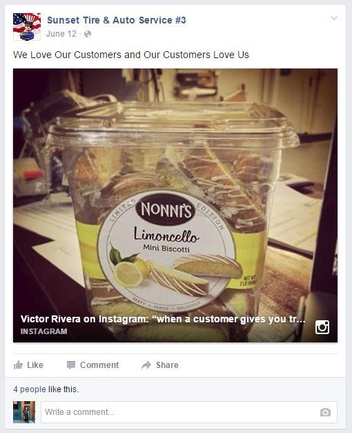 A facebook post from sunset tire and auto service