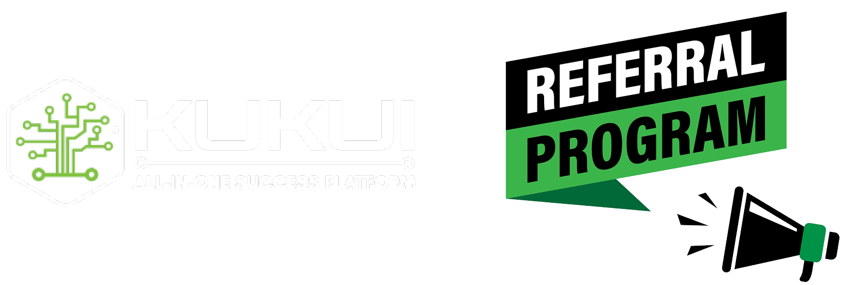 A green and black referral program logo with a megaphone.