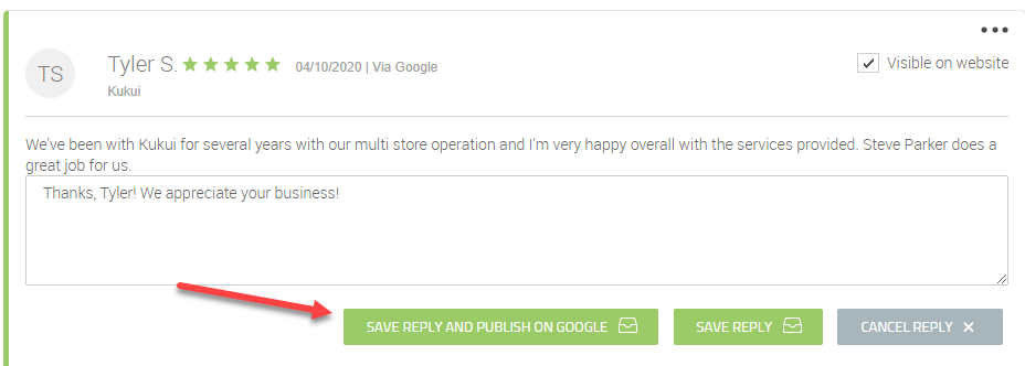 A screenshot of a review on a website with a red arrow pointing to the reply button.