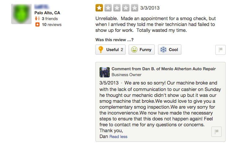 A screenshot of a yelp review for palo alto ca
