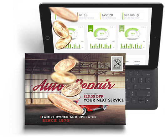 A tablet is sitting next to a card that says `` $ 25.00 off your next service ''.