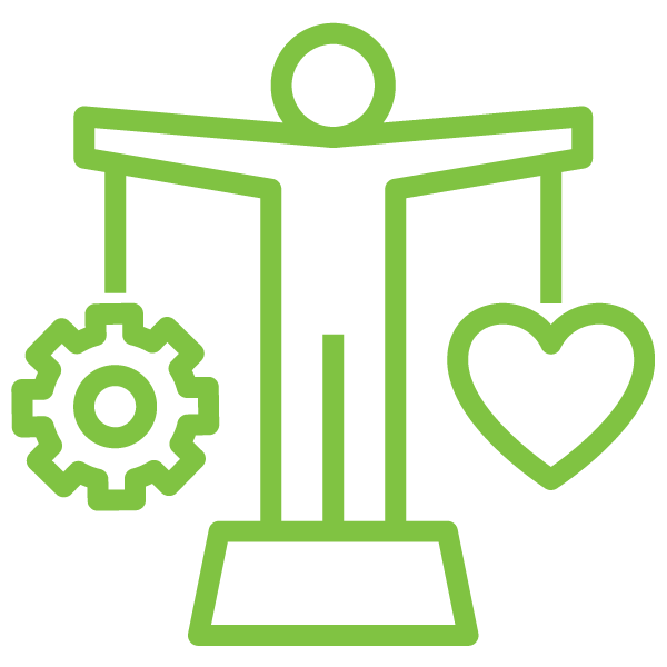 A green line drawing of a person standing on a scale with gears and hearts hanging from it.