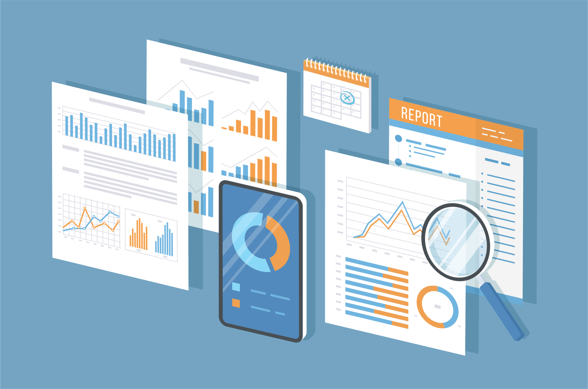 A magnifying glass is surrounded by graphs and charts on a tablet.