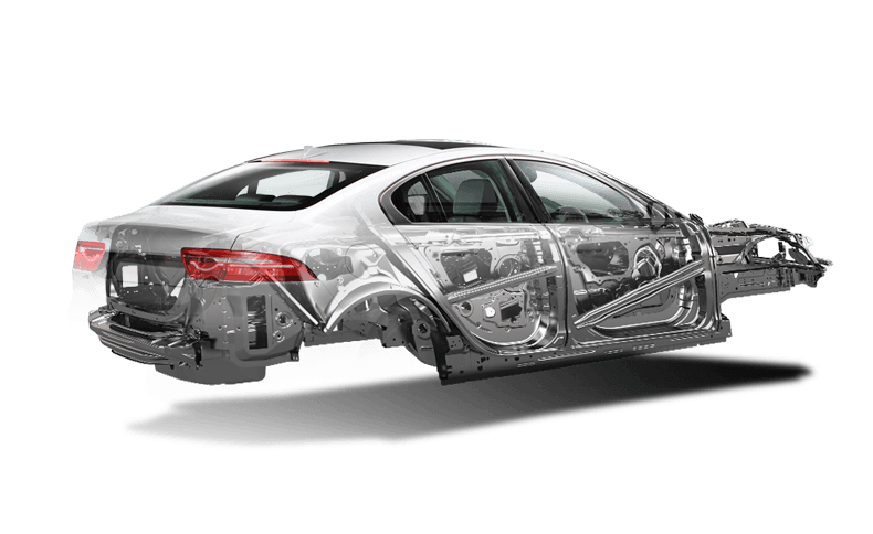 A car without a body is floating in the air on a white background.