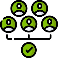 A group of people standing next to each other with a check mark in the middle.