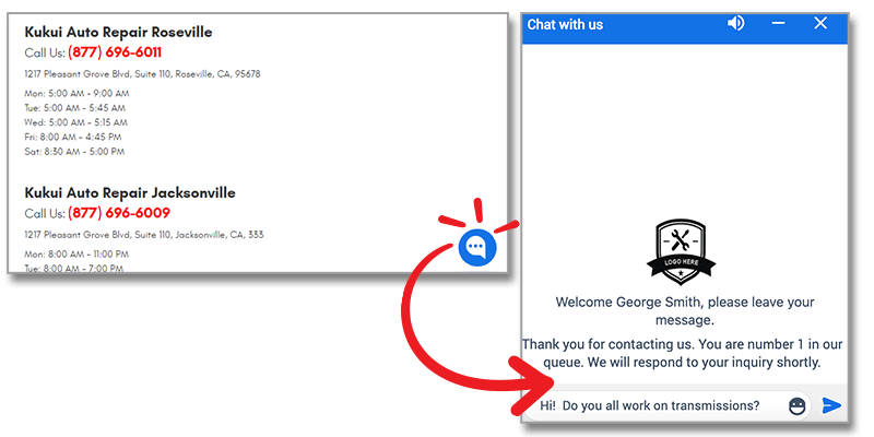 An example of how KUKUI’s live chat feature looks on an auto repair website