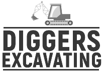 A black and white logo for diggers excavating with an excavator.