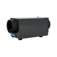 Black rectangular projector with a large lens on a white background